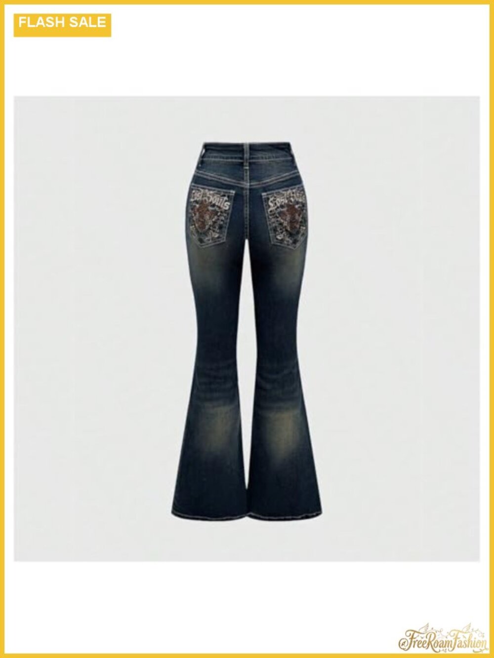 High Stretch Embroidered Flared Bell Bottom Jeans Mid Rise Y2K - Picture 5 of 5